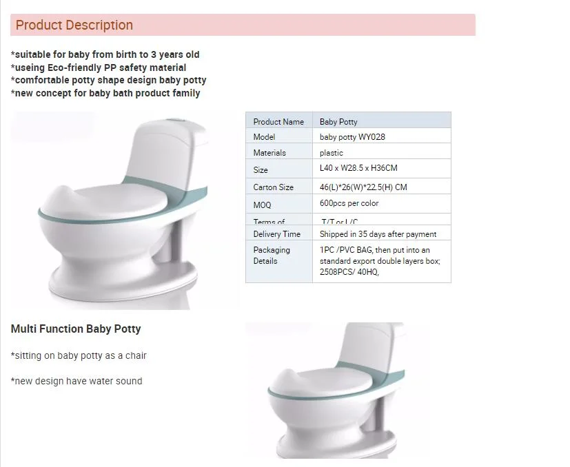 Pumping Sound Simulation Baby Training Potty Easy Portable Simulate to Adult′ S Toilet Potty Best Selling