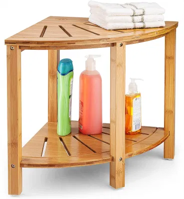 Banc de douche d'angle en bambou, tabouret de bain SPA avec étagère de rangement