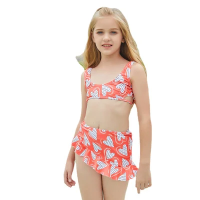 Filles dernier Style maillots de bain coeur imprimé côté évider col en U vêtements de plage maillots de bain jupe à volants 2 pièces vêtements de natation